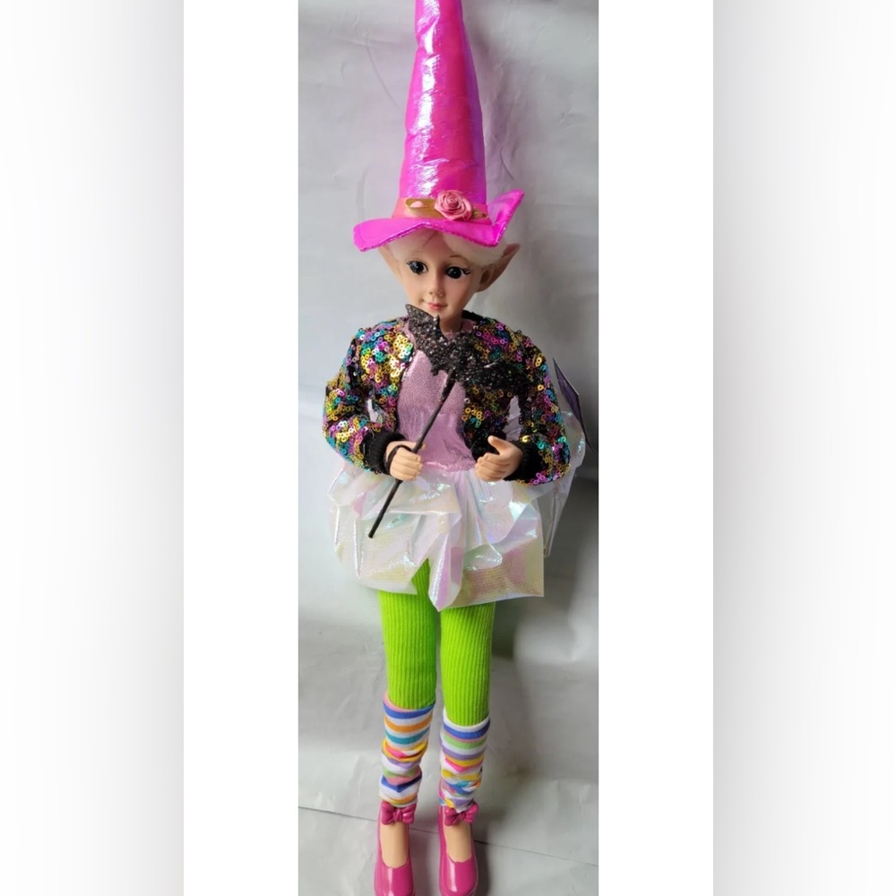 Halloween Elf Shelf Sitter Posable Doll Mantel Decor Top Hat 16” Neon Pink Witch